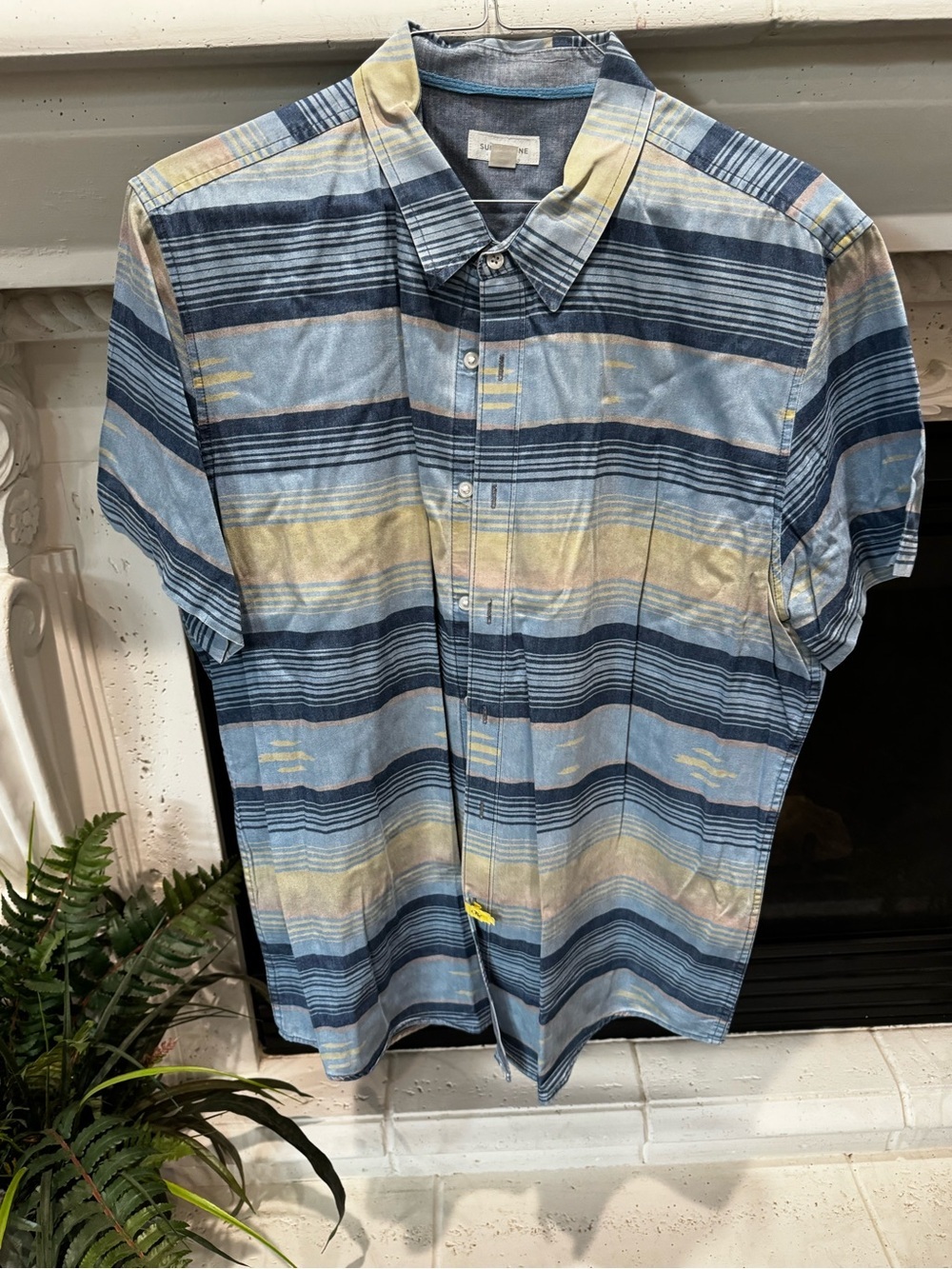 Sun + Stone Short-Sleeve Striped Button-Down Shirt in Blue & Yellow